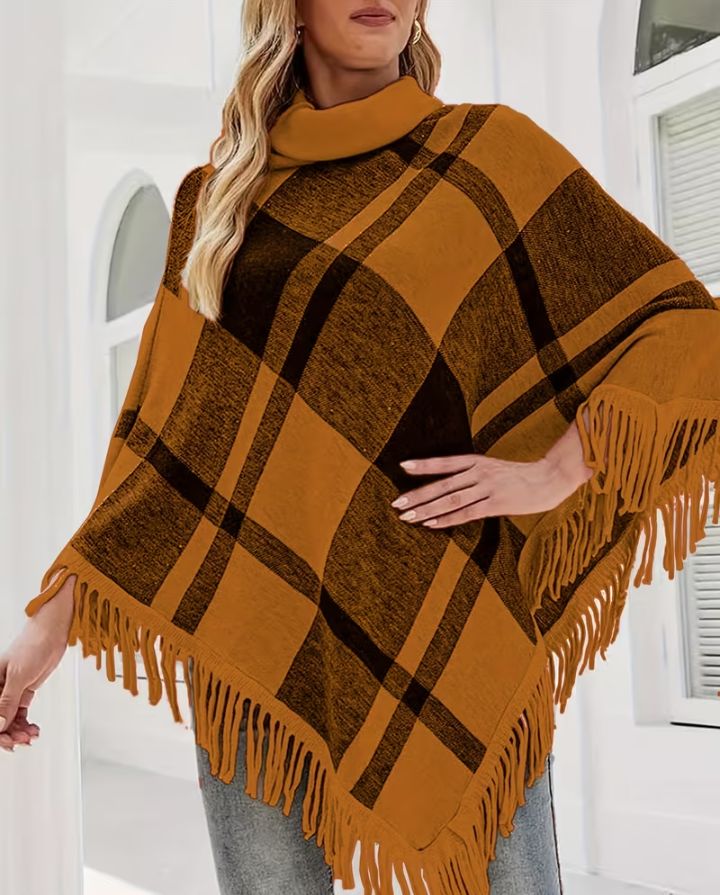 Spring and Autumn Plaid Color-Block Fringe Shawl.