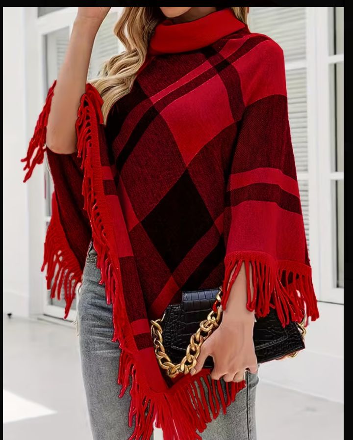 Spring and Autumn Plaid Color-Block Fringe Shawl.