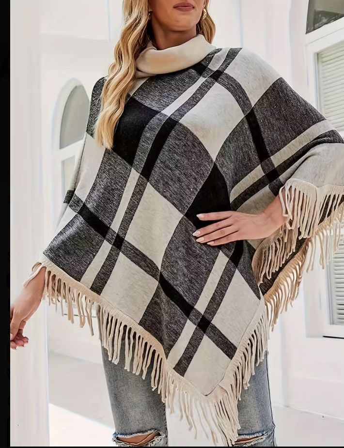 Spring and Autumn Plaid Color-Block Fringe Shawl.