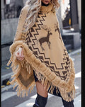 Round Neck Reindeer Jacquard Fringe Shawl.