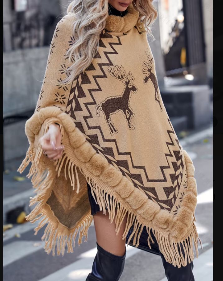 Round Neck Reindeer Jacquard Fringe Shawl.