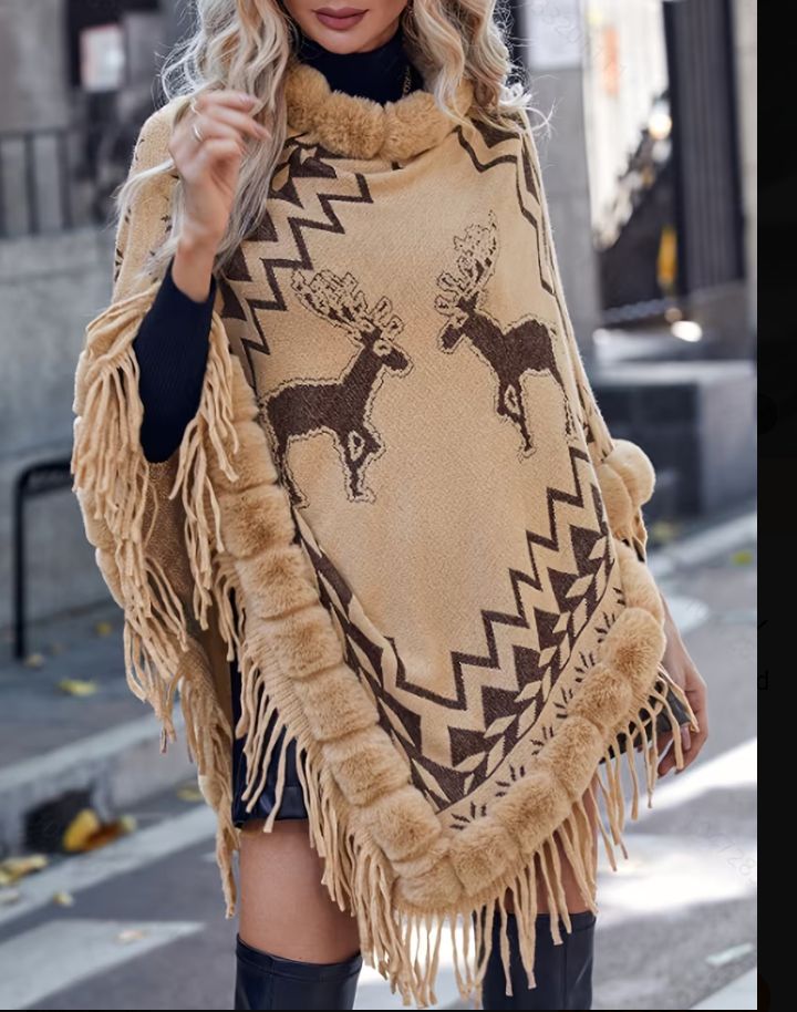 Round Neck Reindeer Jacquard Fringe Shawl.